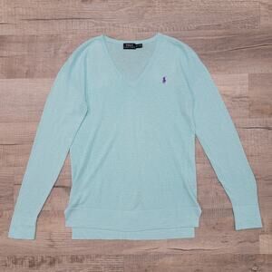 Polo Ralph Lauren Womens Linen Cotton Blend V Neck Sweater Light Blue Top